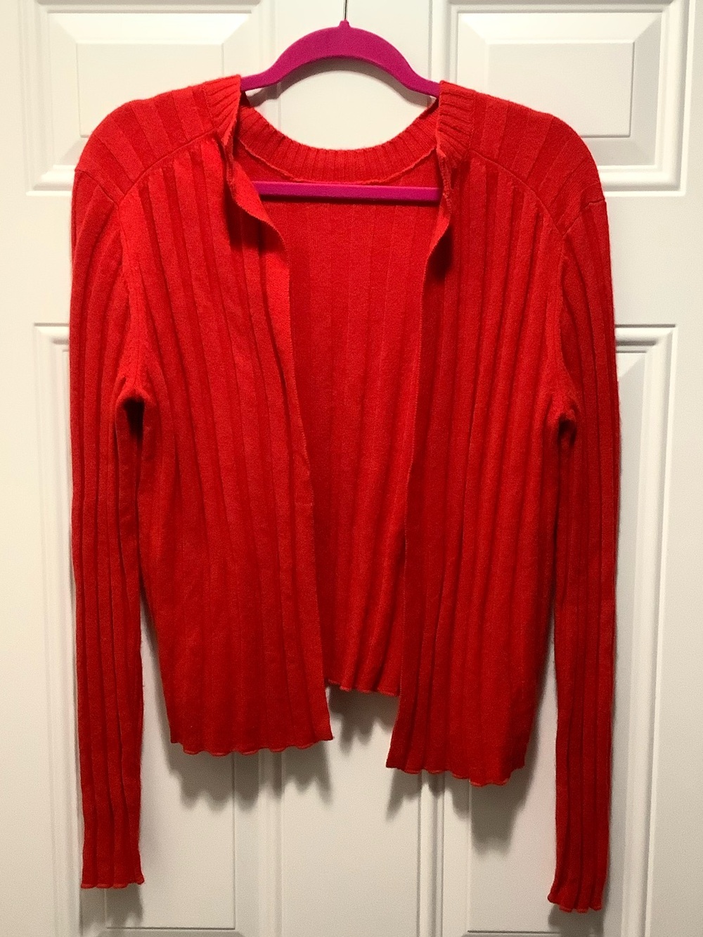 Derek Lam| 10 Crosby Wool Blend Tomato Red Ribbed Open Front Cardigan